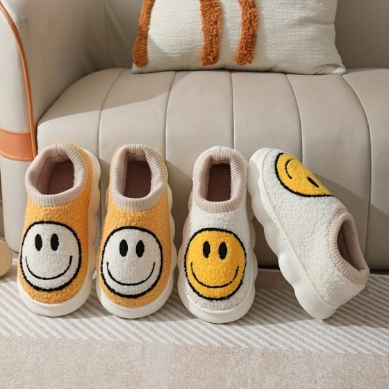 Cute Smile Face Fuzzy House Slippers, Closed Toe Memory Foam Slip On Shoes, Winter Warm Home Slippers