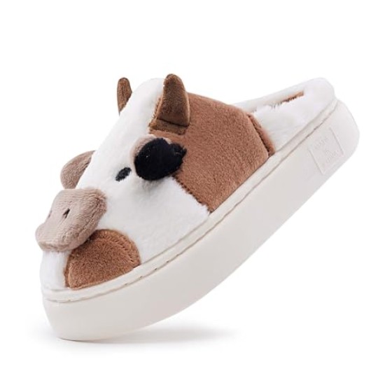 Cow Slippers for Women & Men - with Thickened Sole Plush Soft Non-Slip House Slipper, Winter Warm Fuzzy Platform Shoes with Comfort Memory Foam, Brown