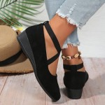 Women's Dress Flats Ballet Low Wedge Round Toe Fashion Elastic Ankle Strap Comfortable Casual Flats Shoes