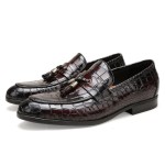 Mens Leather Tassel Shoes, Classic Formal Crocodile Printed Tassel Business Dress Shoes Party Loafers for Men