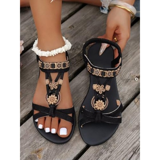 Boho Women's Flat Sandals - Comfortable Beach Flip Flops with Ethnic Embroidery, Non-Slip Sole Casual Summer Sandals for Seaside & Vacation