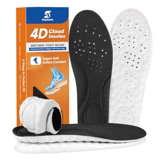Insoles for Men and Women, 4D Cloud Shoe Inserts for Pain Relief, Trimmable Memory Foam Insoles for Long Standing & Hiking, Cushioning Insoles to Enhance Comfort (Black, M 5-6.5/W 7-8.5)