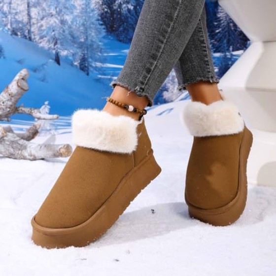 Women's Ankle-Length Platform Boots, Fuzzy Warm Ankle Shoes - Winter Indoor Outdoor Snow Boots